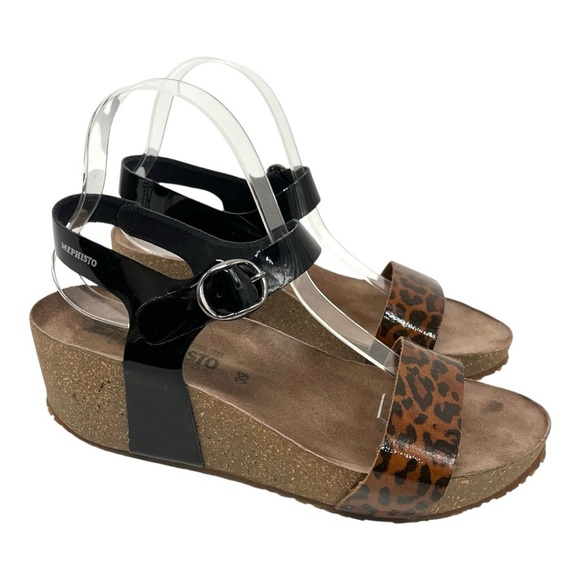 Mephisto Shoes - Mephisto Bayton Animal Print 2 Tone Comfort Wedge Leather Sandals Women’s 39